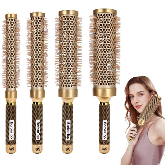 4-Piece Round Hair Brush For Blow Drying, Blow Drying & Styling Roller Brush for Blow Drying, for Women, Volume & Shine, Brown, Hair Brush for Thick Hair