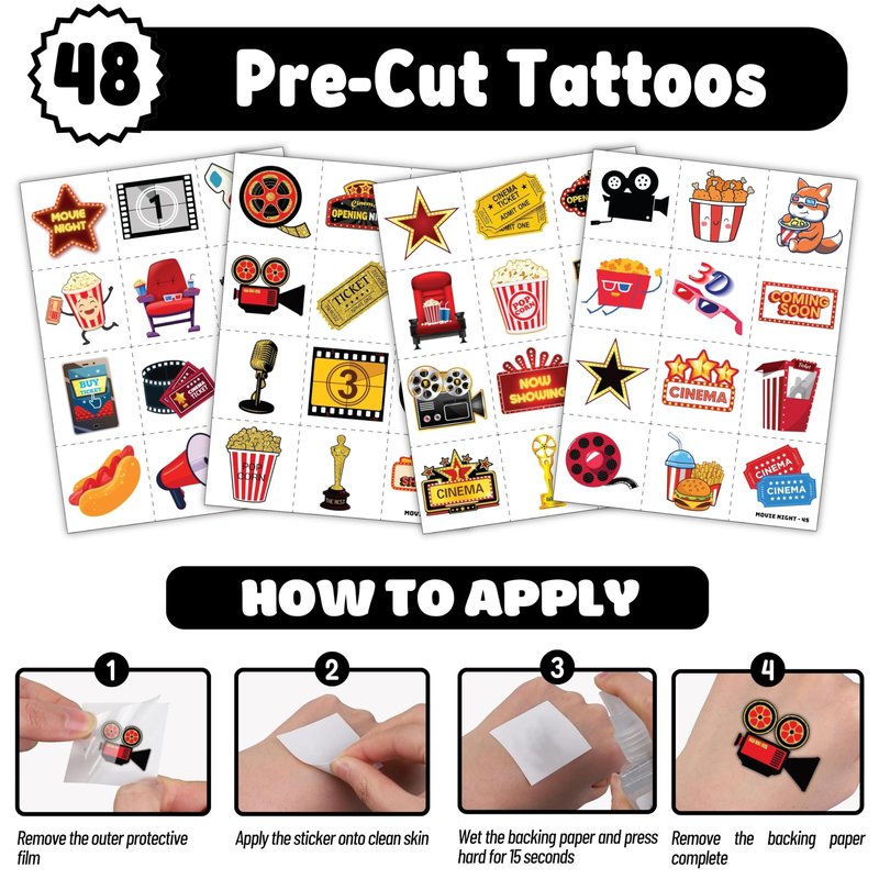 72PCS Movie Night Party Set - 48PCS Temporary Pre - Cut Tattoos & 24PCS Slap Bracelets - Fun Birthday Supplies, Baby Shower Gifts, Classroom Rewards & Movie-Themed Decor for Kids (Boys & Girls)