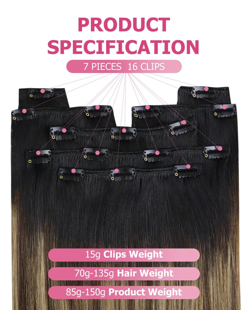 YoungSee 18 Inch Ombre Clip in Hair Extensions 120G Balayage Clip in Human Hair Extensions Natural Black Ombre Dark Brown Mix Blonde, Can Be Heat-styled Clip ins Extensions for Women At Home 7Pcs