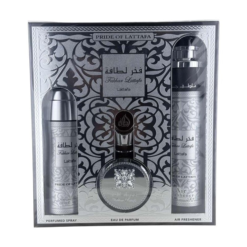 Lattafa Fakhar Collection – Fresh, Woody, Amber, Musky – 3 Piece Gift Set for Men (3.4 Oz Eau de Parfum + 6.67 Oz Deodorant + 10.1 Oz Air Freshener)
