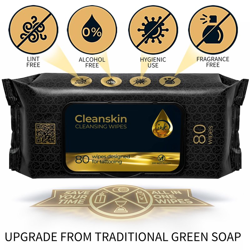 CleanSkin Cleansing Green Soap Wipes for Tattooing All in One Solution to Heal and Clean, Tattoo Soap for PMU & Piercing, Alcohol and Fragrance Free, Unscented, 80 Count (Pack of 3)