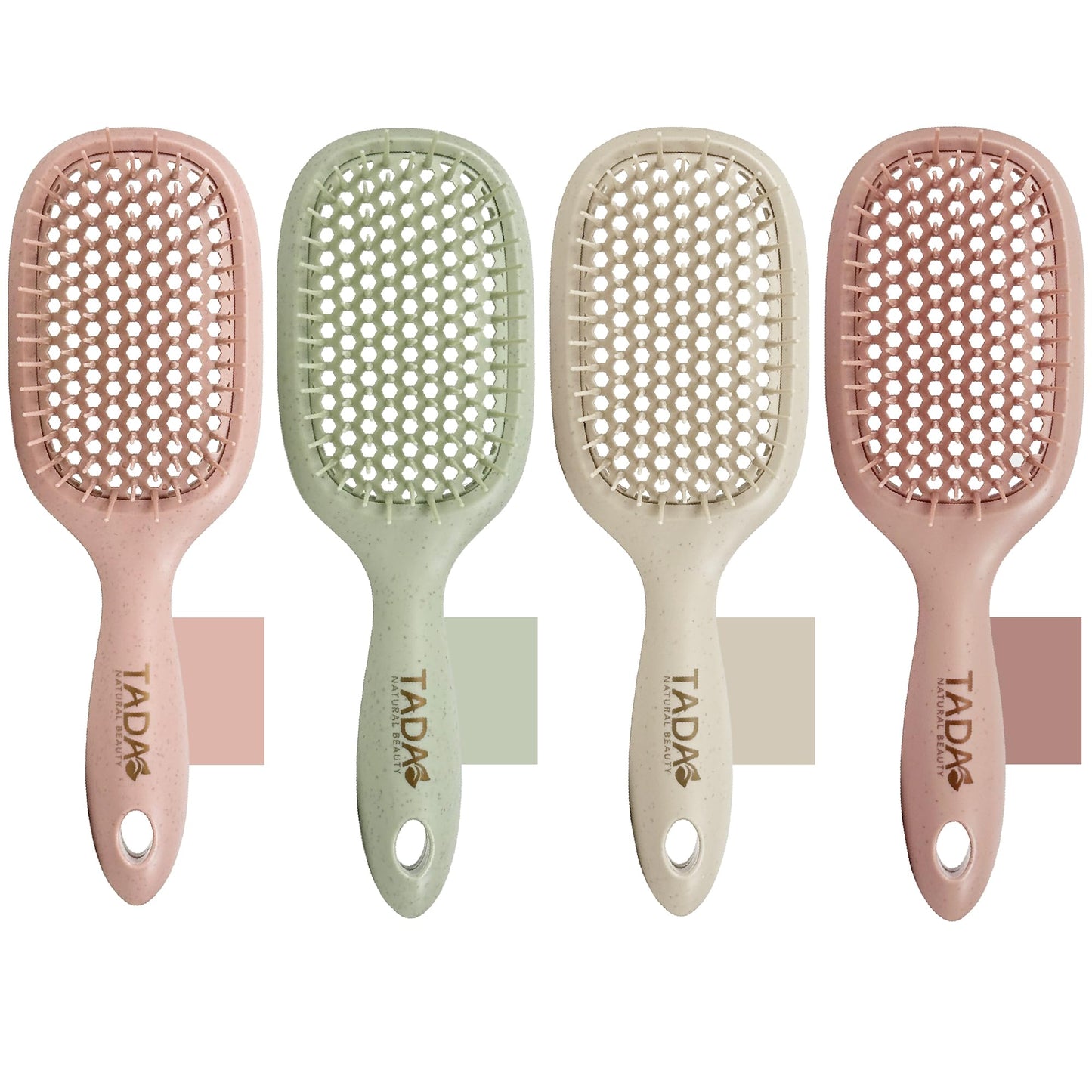 TADA Natural Beauty Hair Brush Detangler for Curly, Thick, Wavy, and Thin Hair - Ventilation Holes for Quick Drying and Styling, Detangler Brush for Women, Men, Kids (4 Colors) (4PK)