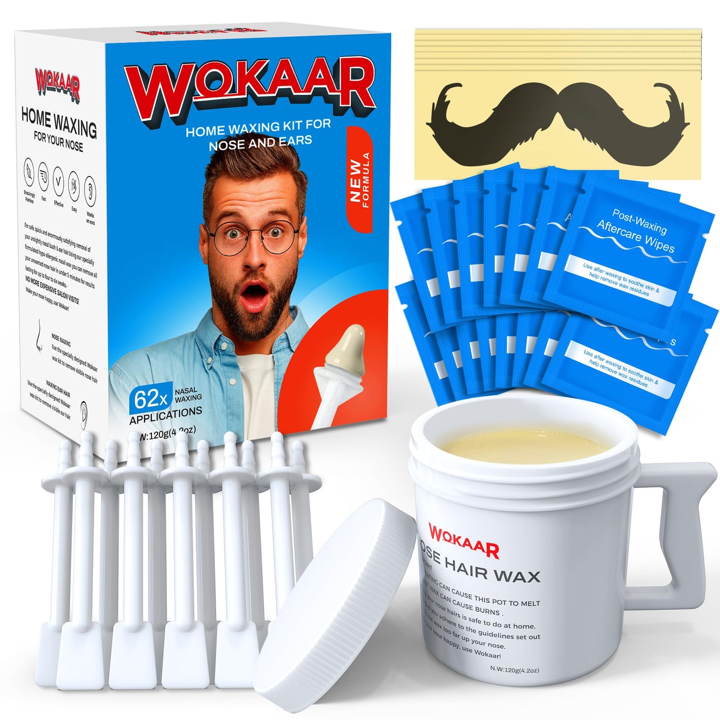Wokaar Max Value Nose Wax Kit | 120g Wax, 30 Applicators | Painless Nasal & Ear Hair Removal for Men & Women | Includes 15 Balm Wipes & 10 Mustache Guards | Lasts up to 6 Weeks