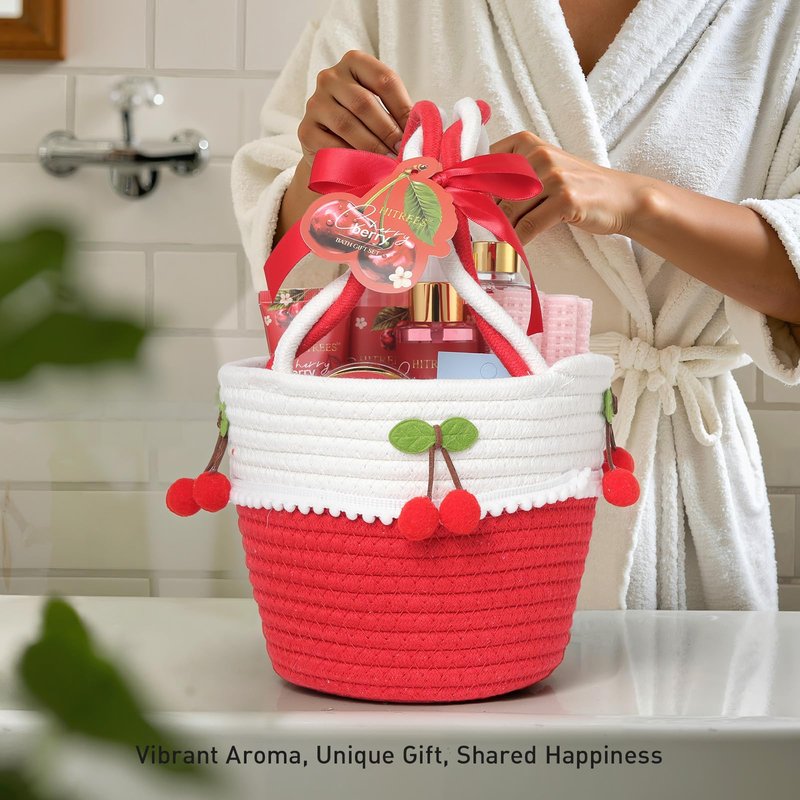 Spa Gifts for Women, Cherry & Berry Spa Gift Set for Teenage Tote Bag, Shower Gel, Hand & Body Lotion, Hitrees Birthday for Best Friend Woman, Mom, Mothers Day,Christmas Gift for Women
