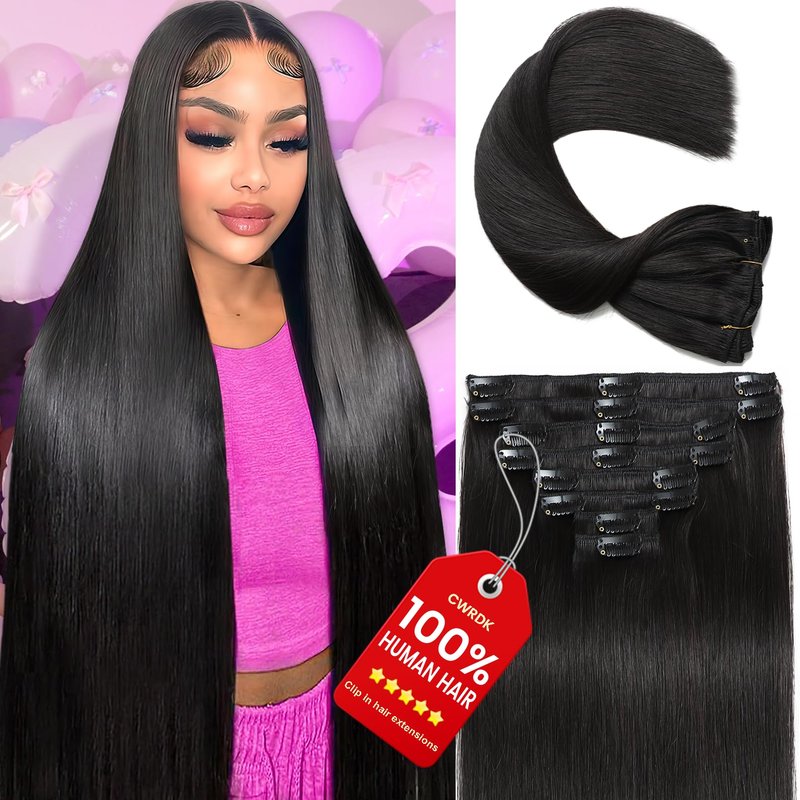 CWRDK Clip in Hair Extensions Real Human Hair, 100% Brazilian Remy Human Hair Clip ins for Women, Straight Seamless Double Weft Hair Extensions, Invisible 8pcs, 16 Inch 90g, #1B Natural Black