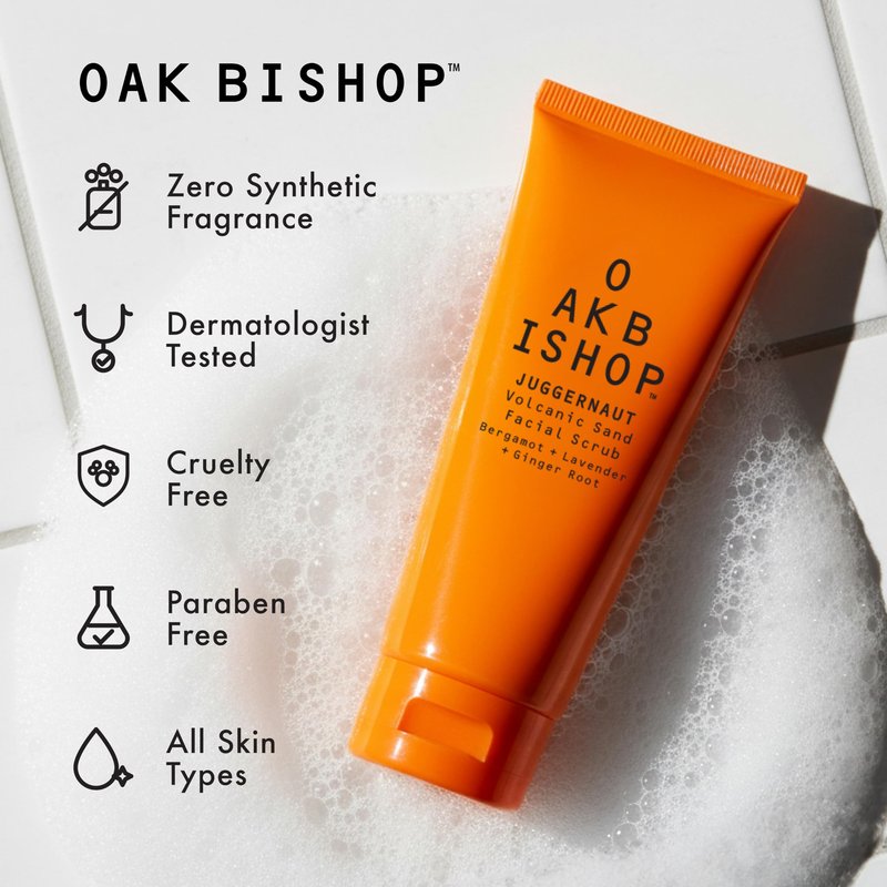 Oak Bishop Juggernaut Men's Exfoliating Face Wash - Volcanic Sand Cleanser, Mens Face Scrub for Deep Pore Clean, Smoother Skin, Bergamot, Lavender & Ginger Root, Made in USA, 3.4 fl oz