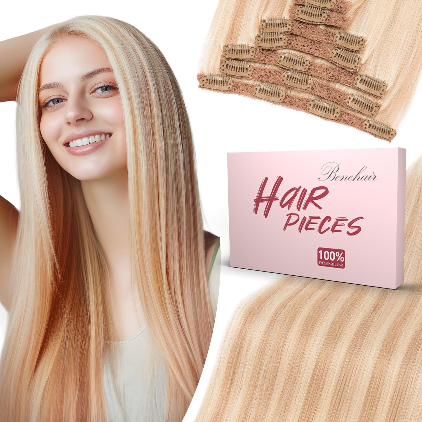 Benehair Clip in Hair Extensions Real Human Hair 12inch Double Weft Light Blonde Mixed Bleach Blonde Hair Extensions Clip in Human Hair Lace Weft Straight Hair Extension Clip ins 7pcs 90g #18P613