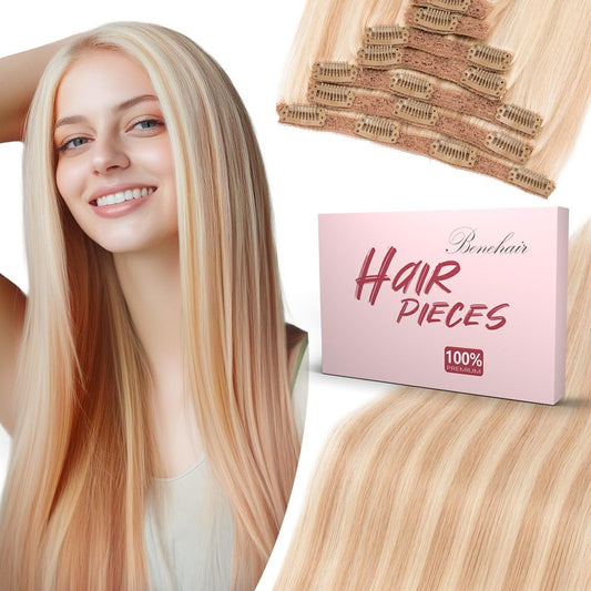Benehair Clip in Hair Extensions Real Human Hair 12inch Double Weft Light Blonde Mixed Bleach Blonde Hair Extensions Clip in Human Hair Lace Weft Straight Hair Extension Clip ins 7pcs 90g #18P613