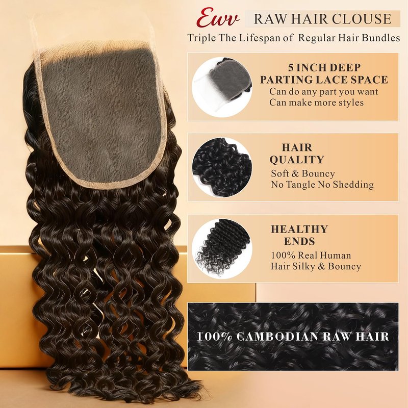 Human Hair Deep Wave Closure 12 Inch Invisible Ultra-thin 5x5 HD Lace Closure Deep Curly Brazilian Raw Virgin Human Hair Closure for Women Natural Black