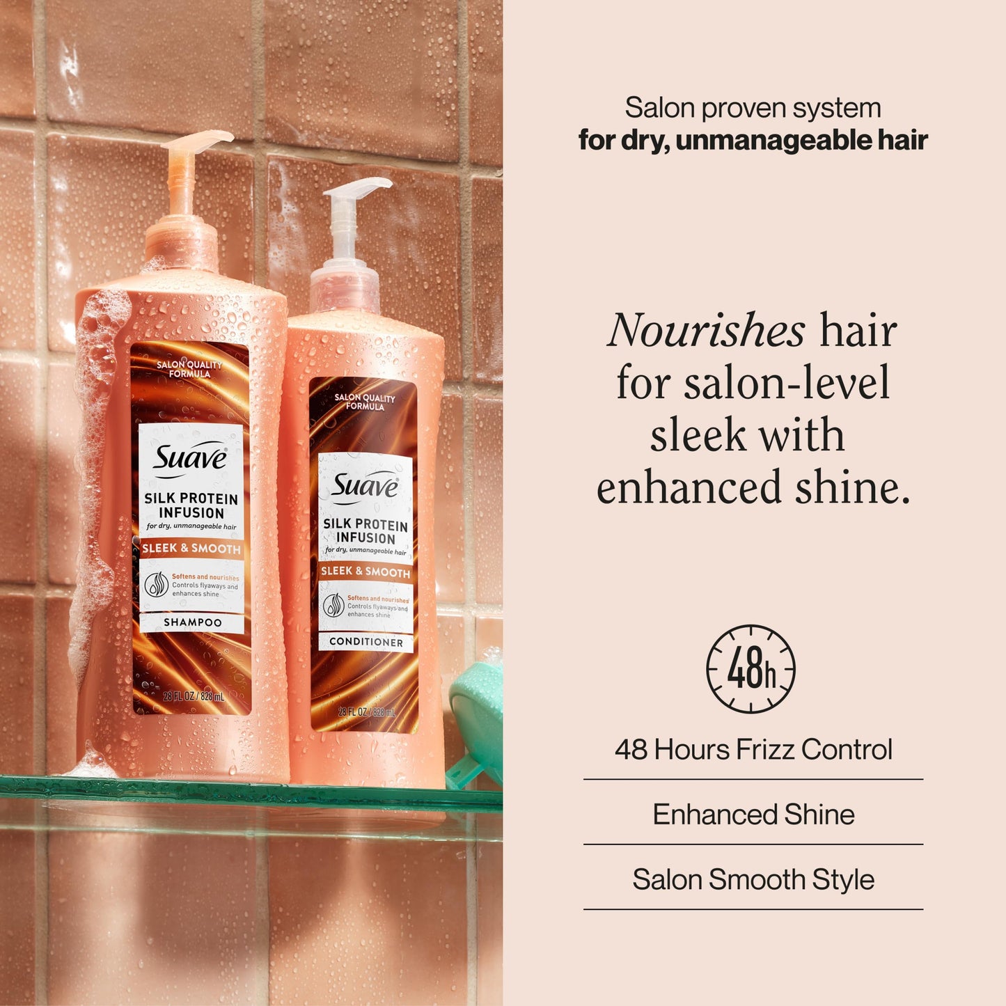 Suave Silk Protein Infusion Sleek & Smooth Conditioner for Dry, Unmanageable Hair, Anti Humidity & 48HR Frizz Control, Enhances Shine & Detangles, 28 FL OZ Pump, 4 Count