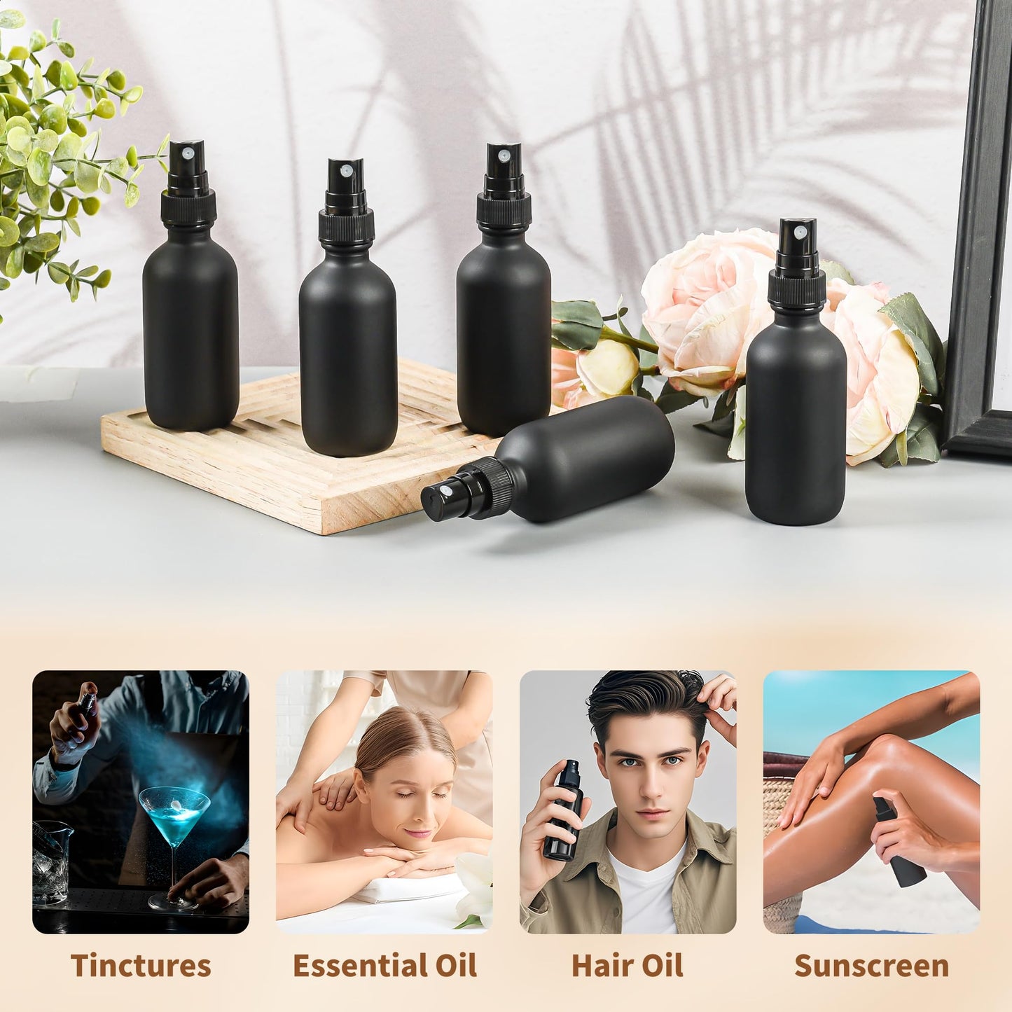 BILLIONSTARS 24 Pack 2oz Glass Boston Round Bottle with Fine Mist Sprayer - Black Frosted - Essential Oils, Bath, Beauty, Hair & Cleaning - Leakproof Travel Bottles