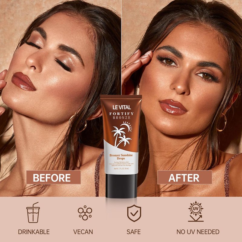 Le Vital Instant Bronzing Gel for Face & Body – Water-Resistant, Transfer-Resistant Body Bronzer with Vitamin E & Avocado Oil – Self-Tan Effect, Includes Applicator Brush – Pack of 2 (1.7oz Each)