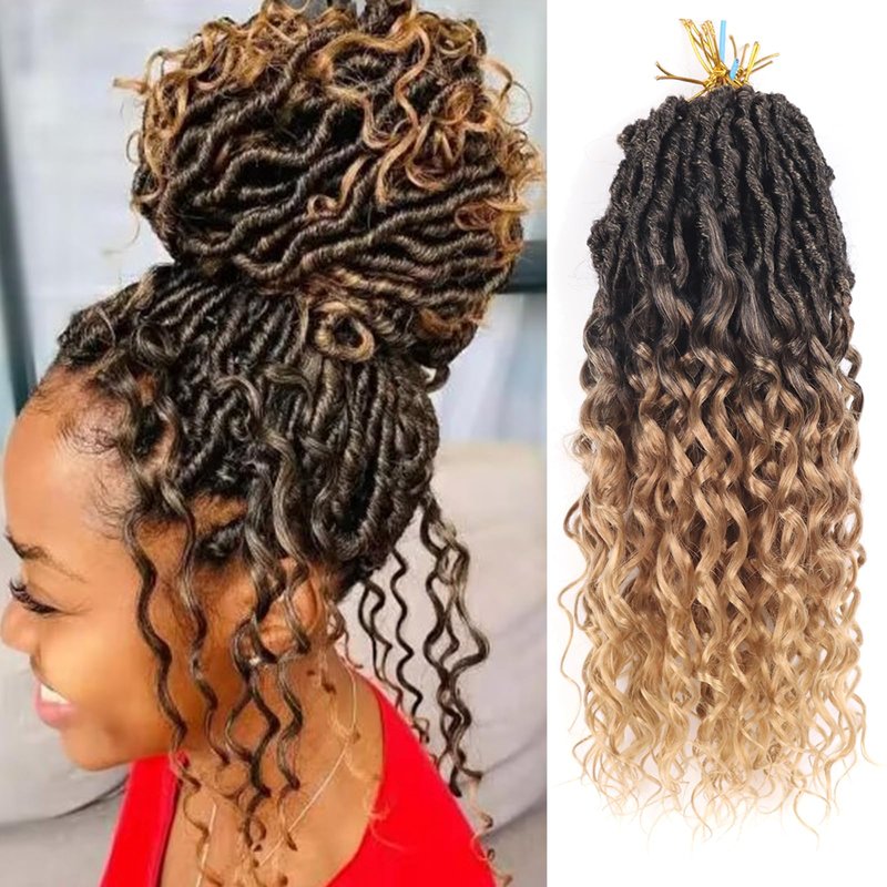 Faux Locs Crochet Hair 14 Inch Pre Looped Goddess Locs Crochet Hair 8 Packs Short Soft Faux Locs Crochet Hair Deep Wave Crochet Hair with Curly Ends Hair Extensions (14 Inch, T27)