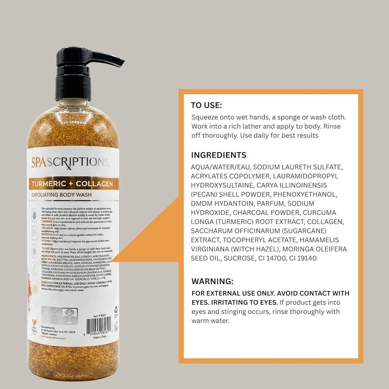 Turmeric & Collagen Body Wash - Brightening Exfoliating Shower Gel with Brown Sugar & Vitamin E | 33 fl oz