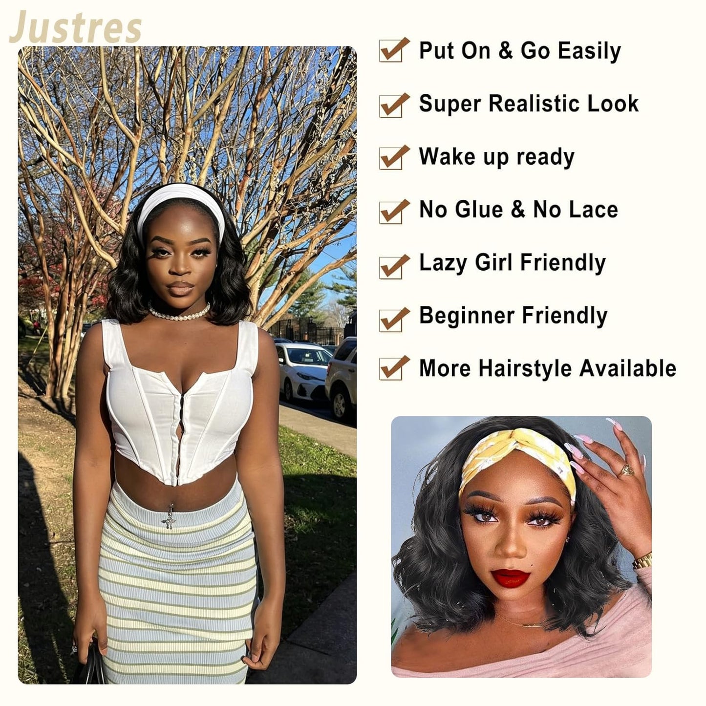 Justres Headbands Wig Human Hair Body Wave 99j