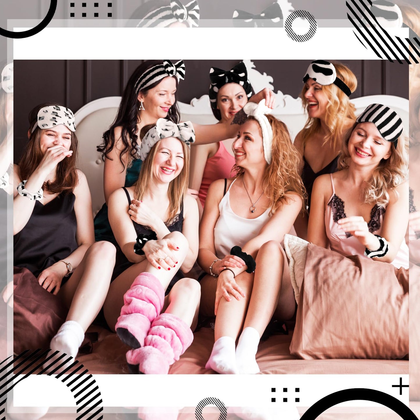 Kajaia 48 Pcs Spa Party Supplies for Girls Spa Party Favor Sleepover Slumber Supplies for Women Headband Eye Mask Hair Scrunchies Toiletry Bag(Black,Laser)