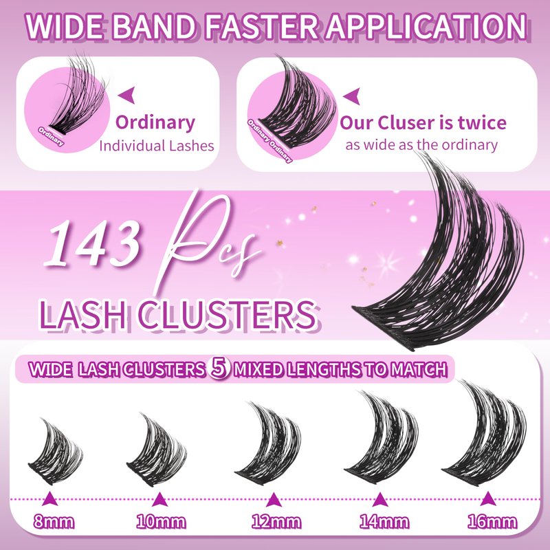 Lash Clusters 8-16mm Wispy Cluster Eyelash Extensions 143 PCS D Curly Volume Lash Clusters Wide Band Individual Lashes False Eyelashes DIY at Home Beginner Friendly, by Anforlin
