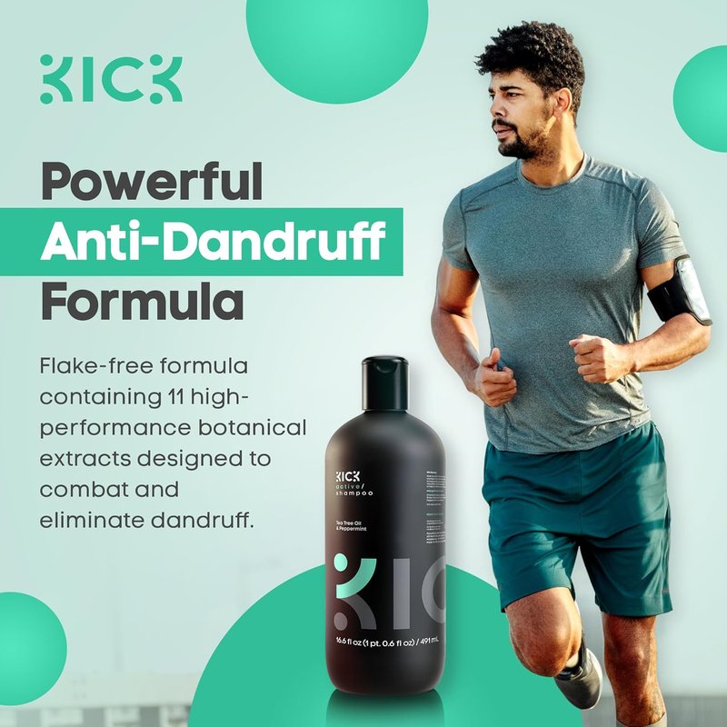 Kick Men's Shampoo - Peppermint & Tea Tree Oil Control | Sulfate-Free, Anti-Dandruff Formula - 16.6oz
