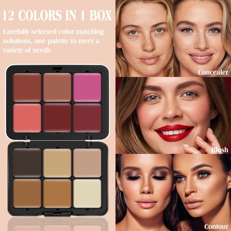 LSxia 12 Colors Cream [Blush Contour Concealer] Makeup Palette for Cheeks - All in One Makeup Palette Kit with Brush, Natural Matte Long Wearing, Waterproof Blendable Face Make Up Pallete (#02)