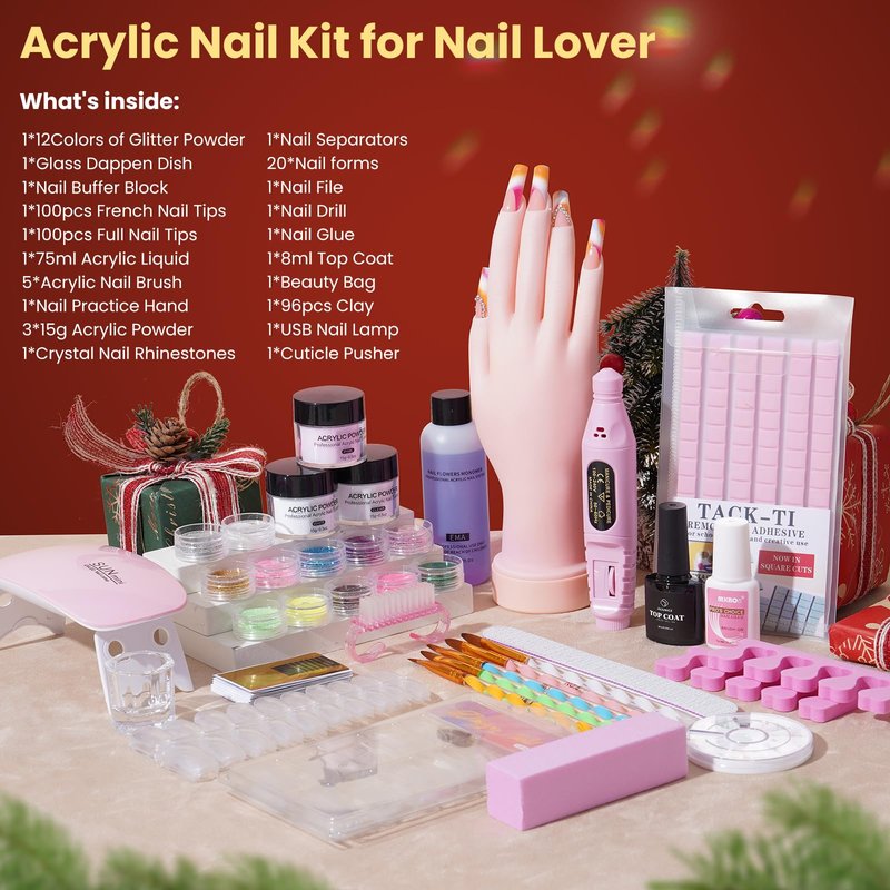 Nail Kit for Beginners with Everything: Practice Hand Acrylic Nail Set Professional Powder Drill Liquid Starter Kits with U V Lamp in Cosmetic Gift Bag for Women Salon Home (Pink)