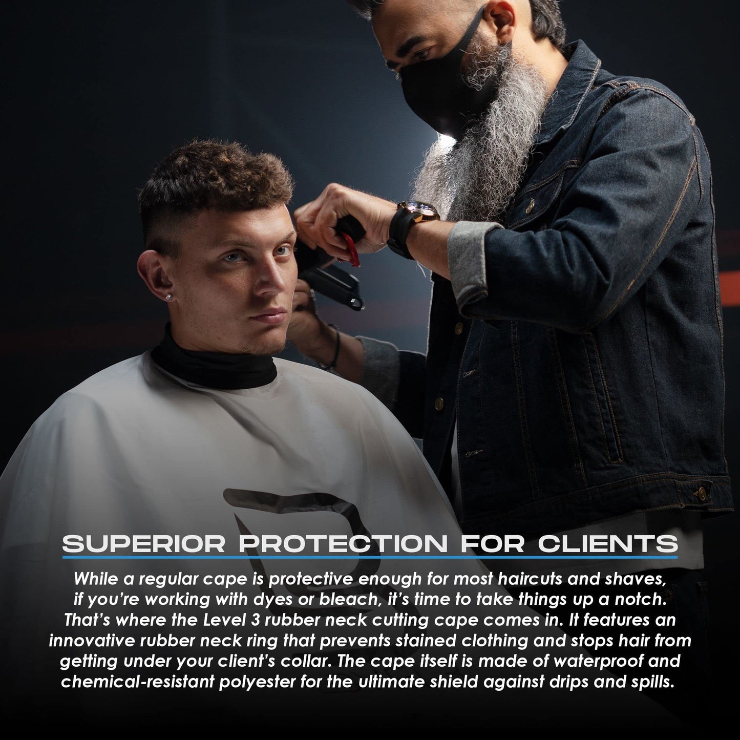 Level 3 Cape with Rubber Neck - Water Resistant Barber Hair Cutting Cape - Professional Salon Stylist and Barber Accessories (Black)