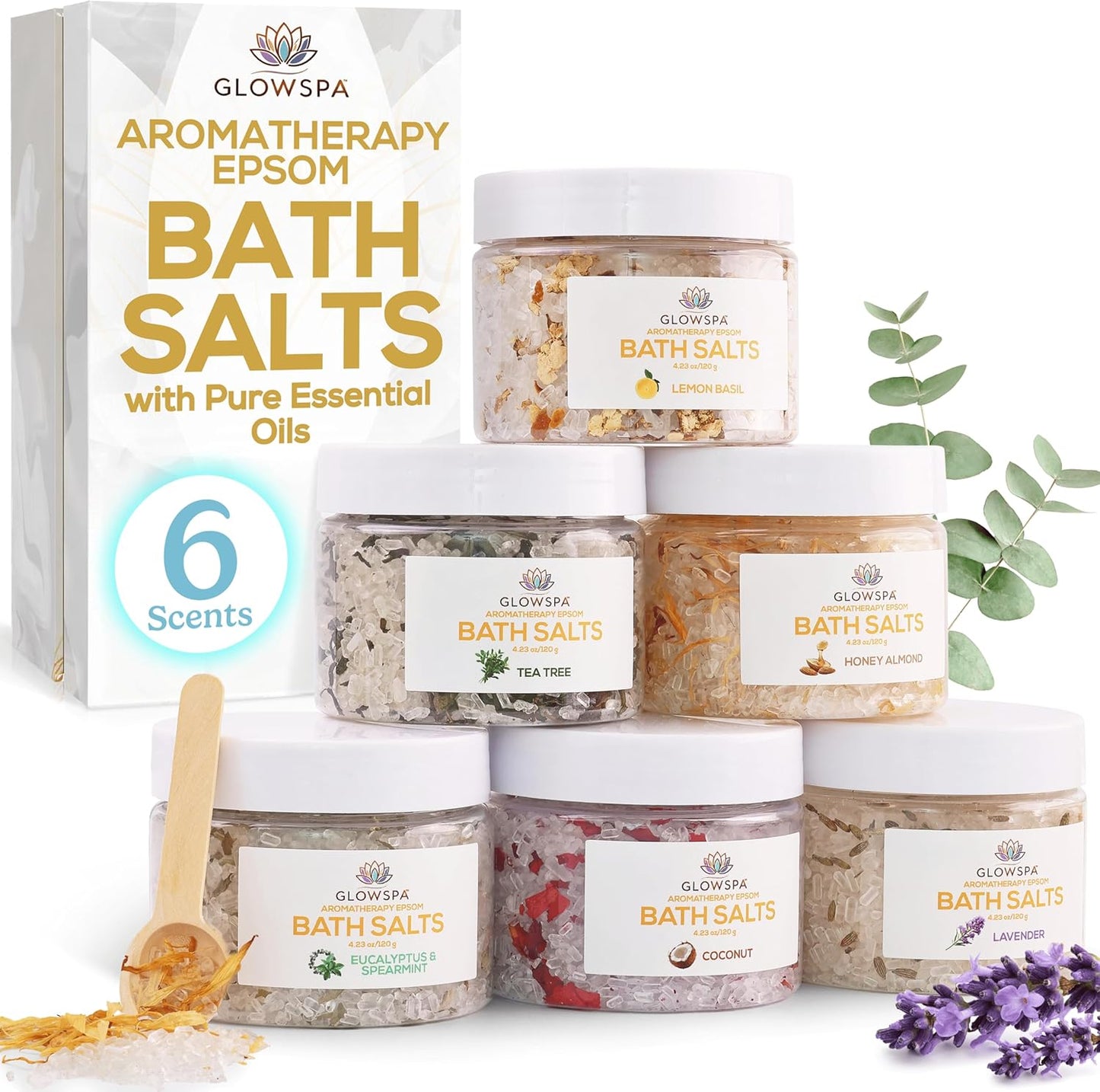 Epsom Salt Bath Soak Gift Set - 6 Relaxing Scented Bath Salts | Lavender, Rose, Chamomile, Eucalyptus, Coconut, Orange