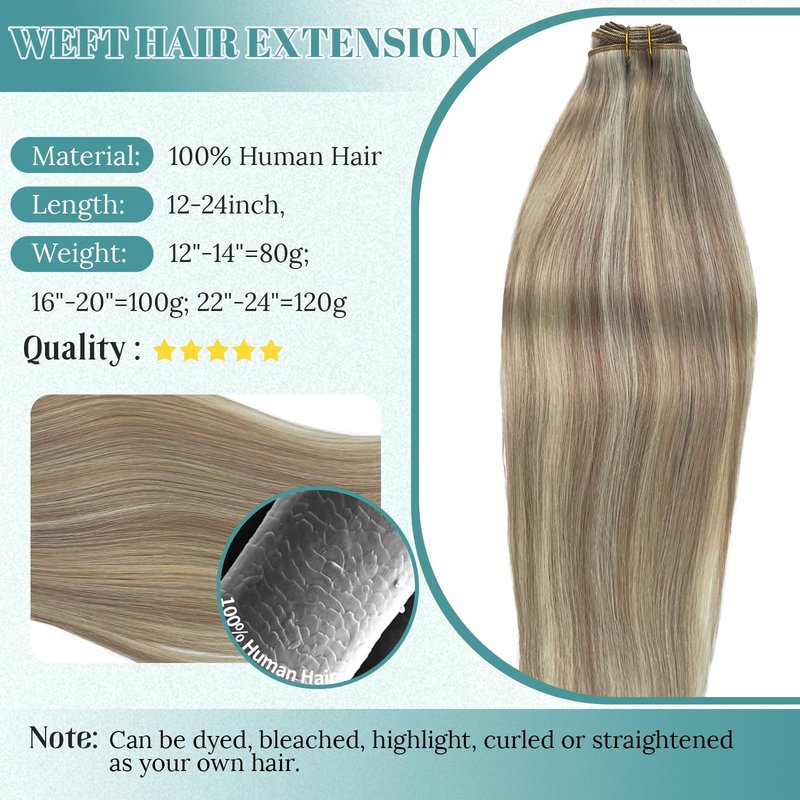 Sew in Hair Extensions Real Human Hair, Ombre Brown to Platinum Blonde Highlighted Weft Hair Extensions Human Hair 80G Double Weft Hand Tied Human Hair Extensions Sew in Bundles 16 Inch