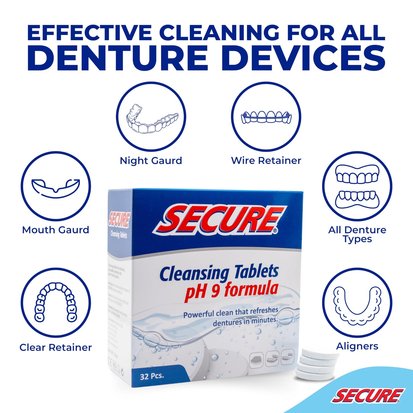 Secure Daily Cleansing Tablets - pH 9 Formula Thoroughly Cleans Dentures - Fights Odors, Stains & Germs - For Dentures, Nightguards, Retainers & Partials - 32 Tablets (3 Pack)