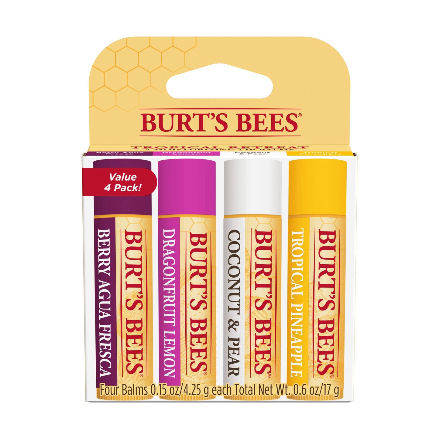 Burts Bees, Lip Balm Tropical Assortment 4 Count, 0.6 Ounce