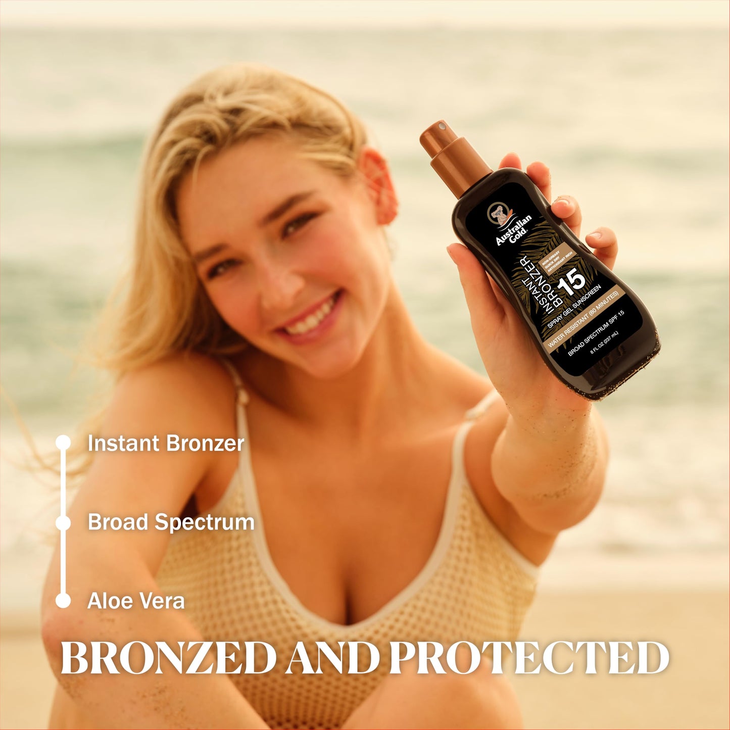 Australian Gold Spray Gel Sunscreen with Instant Bronzer SPF 15, 8 Ounce | Moisturize & Hydrate Skin | Broad Spectrum | Water Resistant | Non-Greasy SPF 15 8 Fl Oz (Pack of 1)
