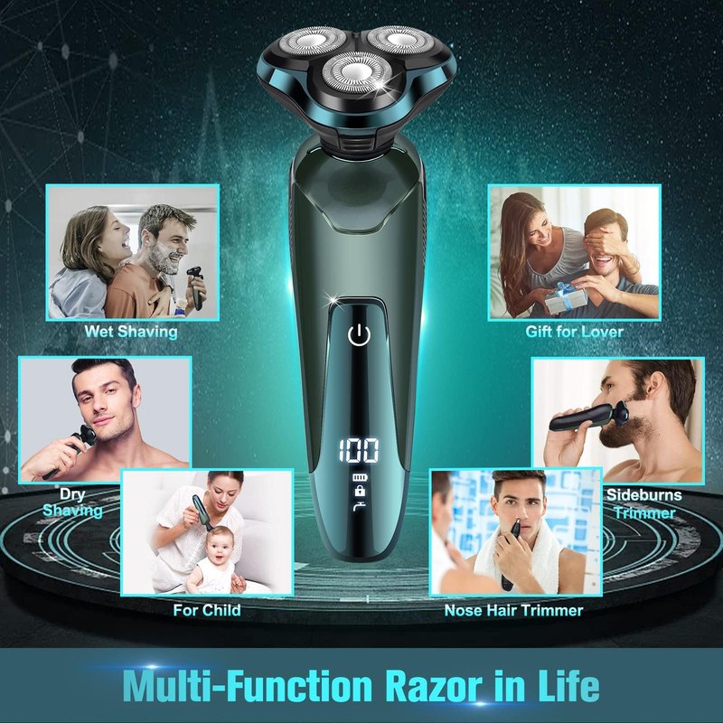 Tuyaguard Electric Razor for Men, Cordless Rechargeable 3D Rotary Shaver with LED Display, Wet/Dry Waterproof Men’s Shaving Kit with Pop-Up Trimmer, Ideal Razor Gift for Husband, Dad, Boyfriend