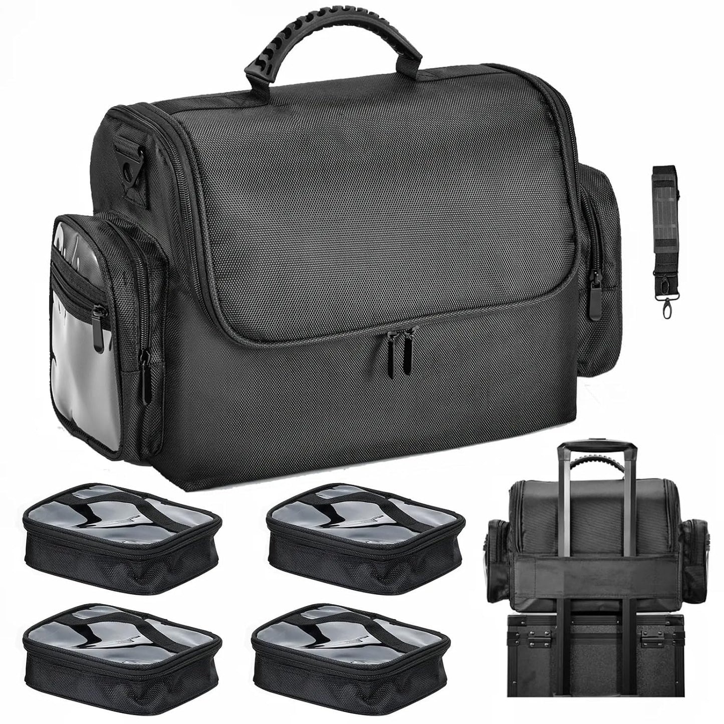 Professional Makeup Bag - Large Cosmetic Organizer with Brush Holder & 4 Clear Bags | Travel Storage with Shoulder Strap & Dividers