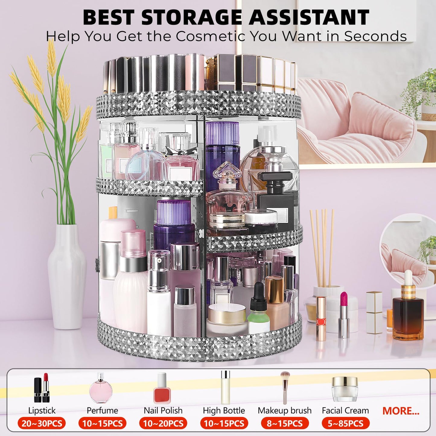 HEMTROY 360 Degree Rotating Makeup Organizer, Extra Large Capacity Cosmetic Storage Unit, Removable DIY 7 Layers Skincare Organizer, Acrylic Beauty Perfume Organizer for Vanity Countertop (Gray)