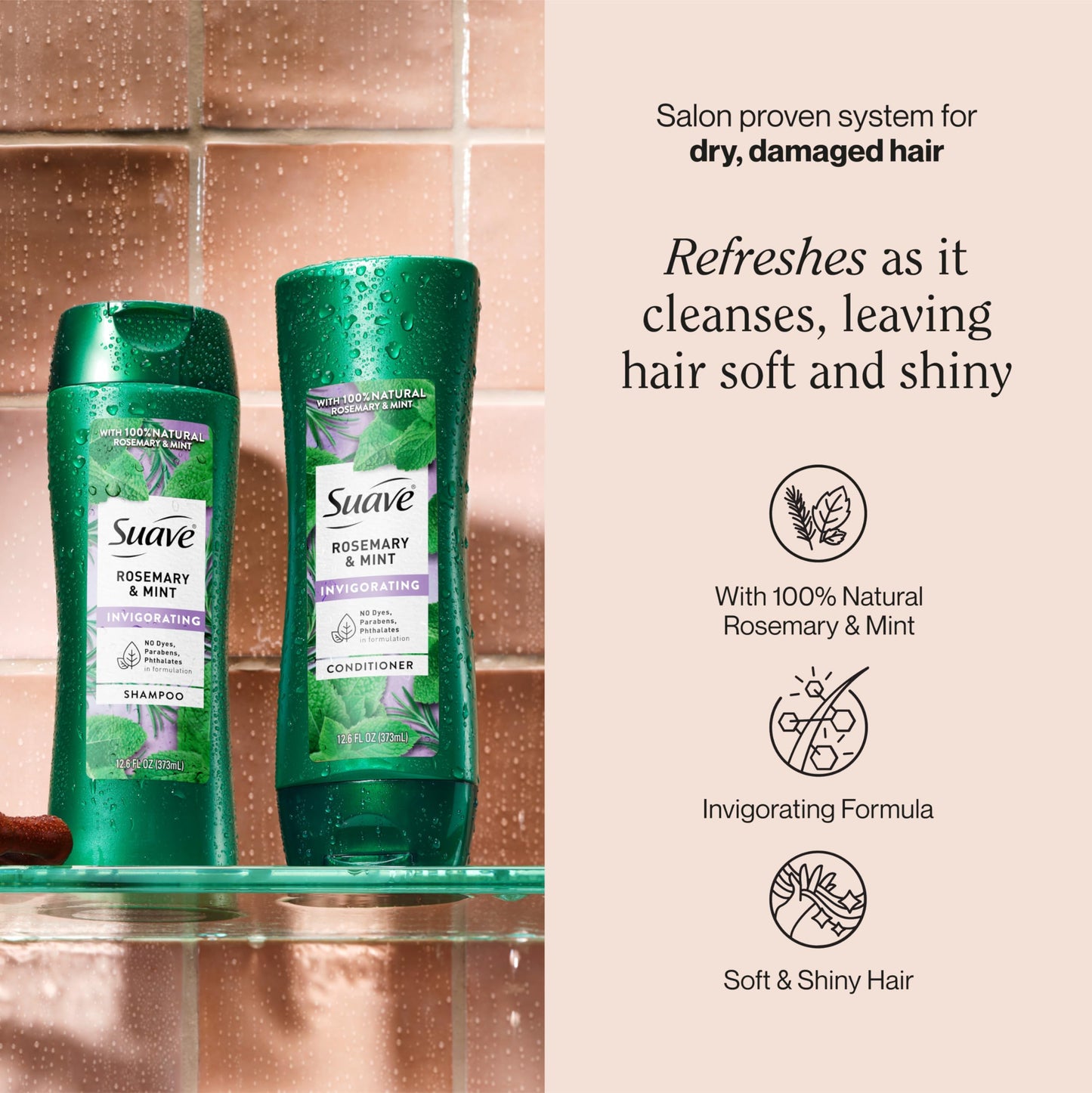 Suave Invigorating Shampoo with Rosemary & Mint, Refreshing & Replenishing Care for Healthy-Looking Hair, No Parabens, Phthalates, or Dyes,12.6 FL OZ Bottle