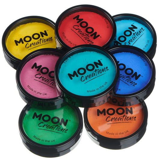 Pro Face & Body Paint Cake Pots by Moon Creations - Brights Colours Set - Professional Water Based Face Paint Makeup for Adults, Kids - 1.26oz