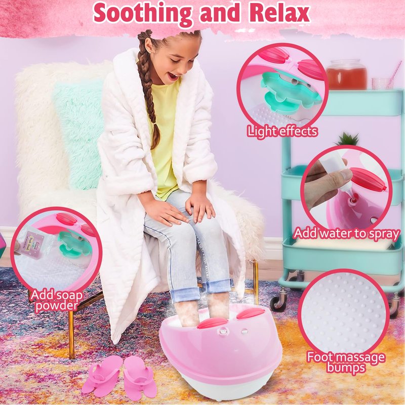 Kids Spa Day Kit for Girls，Kids Foot Spa & Nail Kit Set，Massage Foot Soak Tub and Nail Dryer，Kids Toys Manicure Pedicure Art Salon，Birthday Gifts for Girls 5 6 7 8-12，Pink
