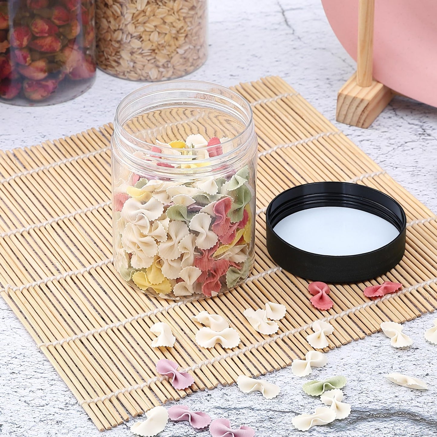 36PCS16OZ Plastic Jars with Screw On Lids, Labels Refillable Empty Round Slime Containers for Storing Dry Food, Honey Jam, Cream, Butter, Lotion (matte black)