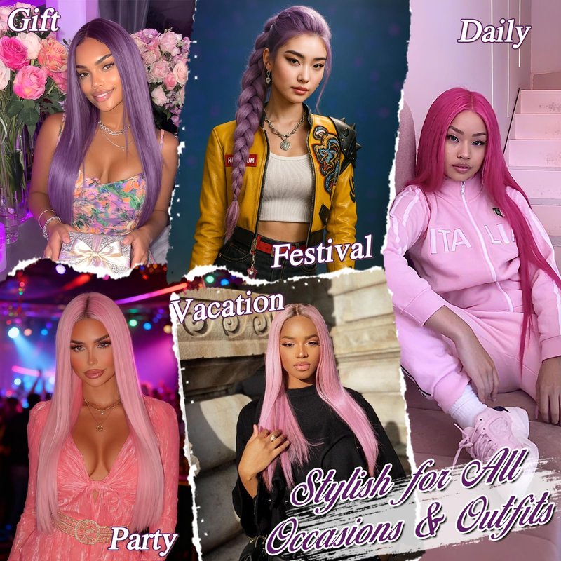 BARSDAR Long Straight Hot Pink Wig - Long Straight Middle Part Hot Pink Wigs for Women - 28 Inch Natural Looking Thick Soft Synthetic Daily Party Halloween Kpop Mira Costume Wig