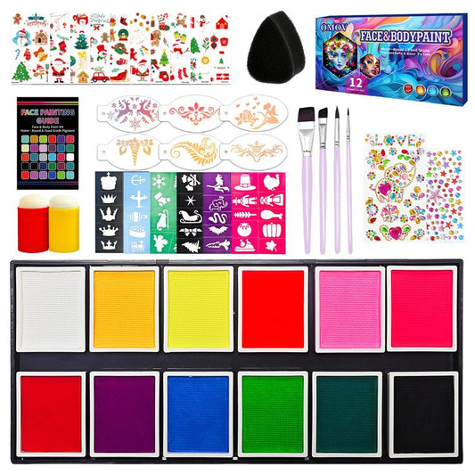 OMOV Face Painting Kit for Kids & Adults,12 x 10g Non Toxic, Water Based Face Paint Palette, With Glow Stickers, Stencils & Brushes,for Cosplay,Parties, Theater,Stage,Christmas & Halloween Makeup Kit