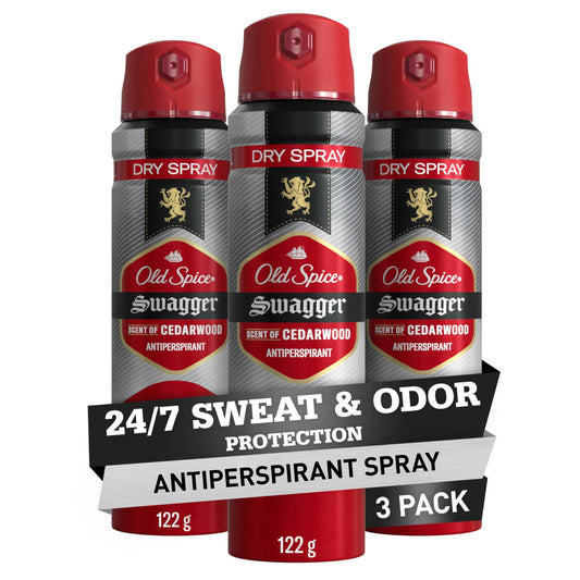 Old Spice Dry Spray Antiperspirant Deodorant for Men, 24/7 Sweat & Odor Protection, 24/7 Sweat Defense & Lasting Freshness, Swagger with Cedarwood Scent, 4.3 oz (Pack of 3)