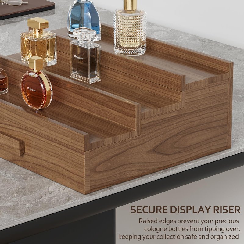 Hrbjunuo Solid Walnut Cologne Organizer for Men, 3 Tier Cologne Stand, Wooden Cologne Holder Display Shelf with Drawer Storage and Hidden Compartment, Perfume Stand Organizer, Gift for Men Dad Husband