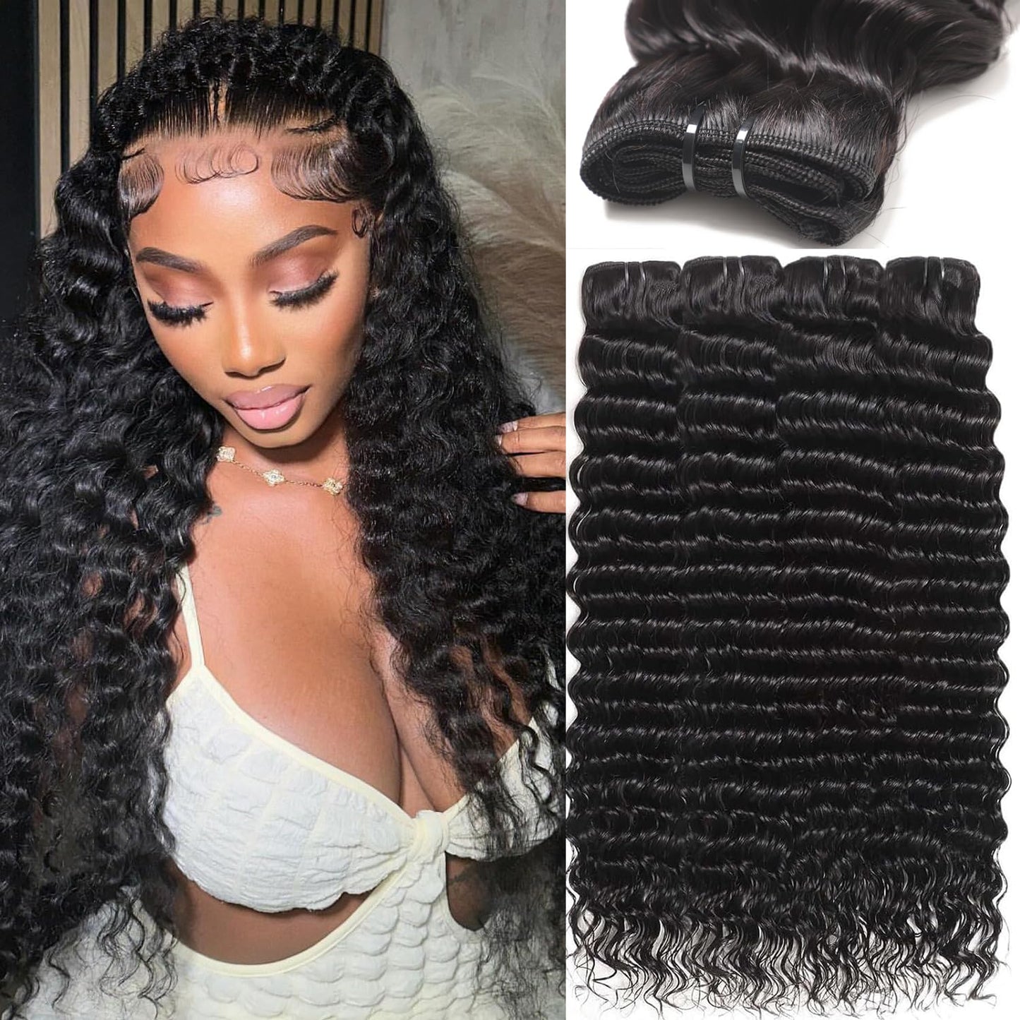 Deep Wave Human Hair Bundles 20 Inch 12A Brazilian Virgin Wet and Wavy Human Hair Weave Bundles 100% Unprocessed Deep Curly Bundles One Bundle Double Weft Water Wave Bundles Natural Black