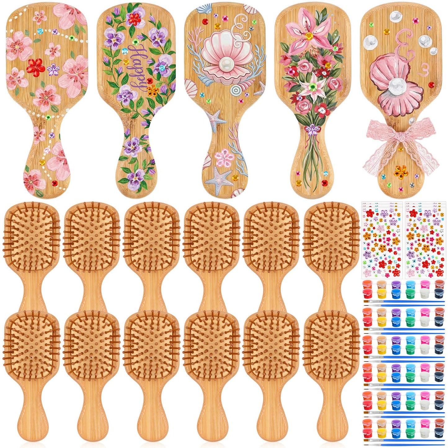 Weysat 18 Set DIY Wooden Hairbrush Painting Kits Paint Your Own Hair Brush with Paint Brush Sticker Mini Travel Detangling Hairbrush for Wedding Bridal Showers Girlfriends Night Gifts(Classic)
