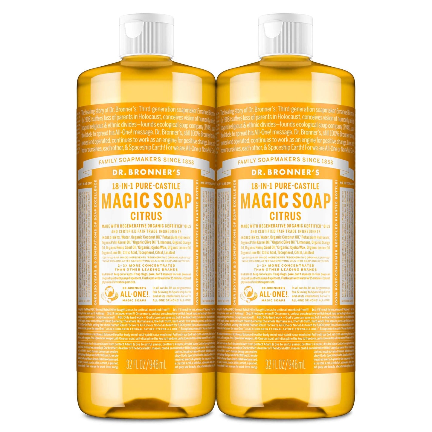 Dr. Bronner's Magic Soap-Pure-Castile Liquid Soap (Citrus, 32oz, 2-Pack)-Regenerative Organic Certified Oils, 18-in-1 Uses: Body, Hair, Laundry, Pets & Dishes, Concentrated, Vegan, Non-GMO