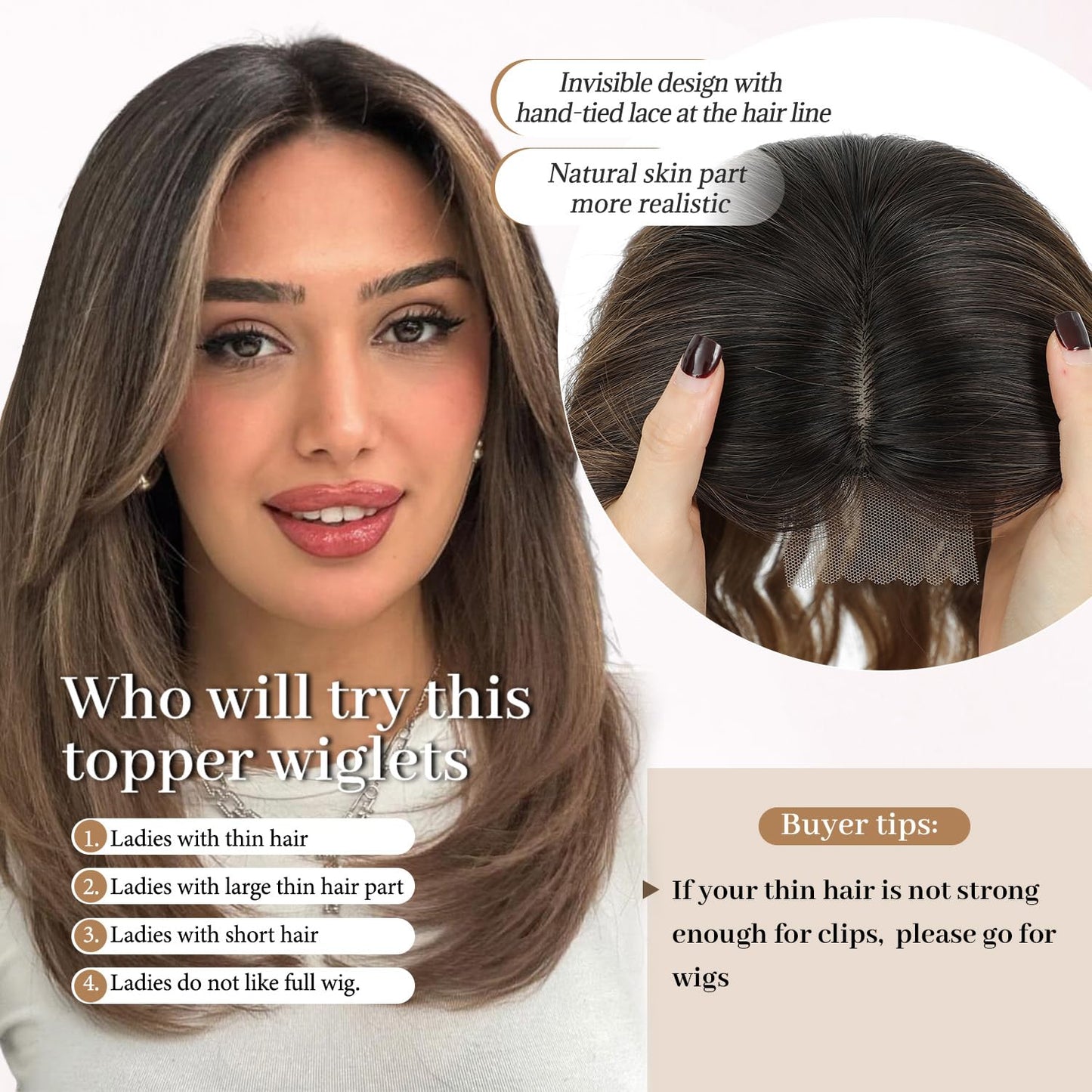 Molefi Hair Toppers for Women with Thinning Hair,16 Inch Full-End Topper,Synthetic Wiglets Pieces For Women 6.5"x6.5"Large Base for Daily Use(Dark Ash Brown with Honey Blonde Highlights)