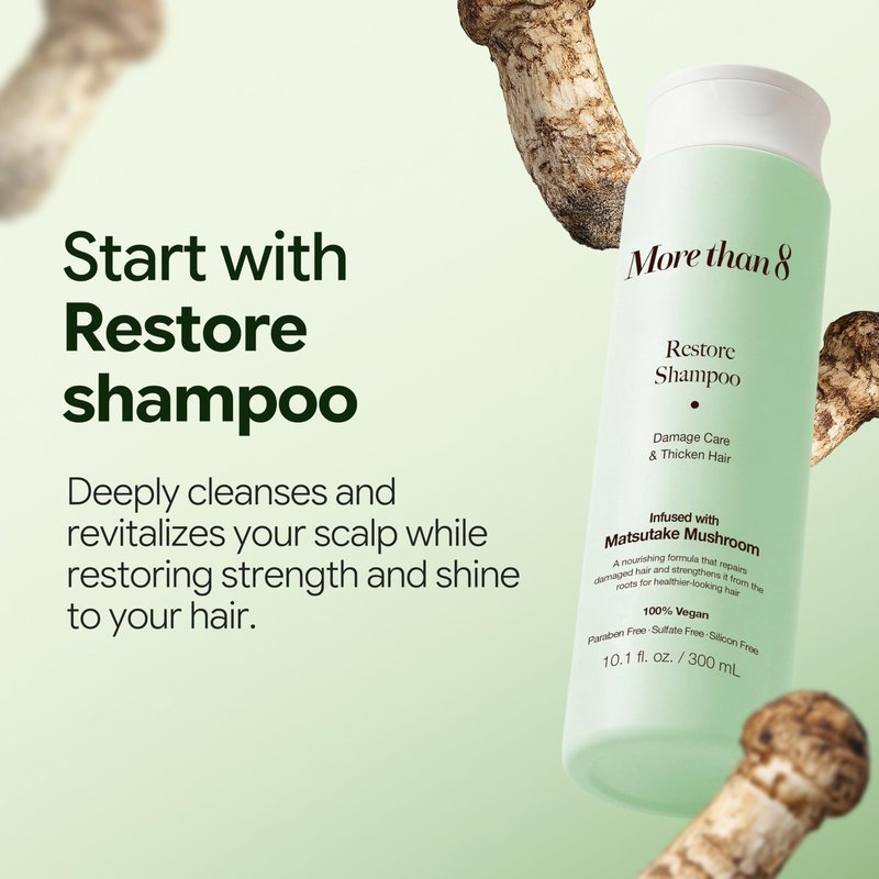 Morethan8 Restore Anti Hair Loss and Hair Growth Shampoo with Matsutake Mushroom – 100% Vegan, Paraben-free, Sulfate-free, Silicon-free – 10.1 Oz