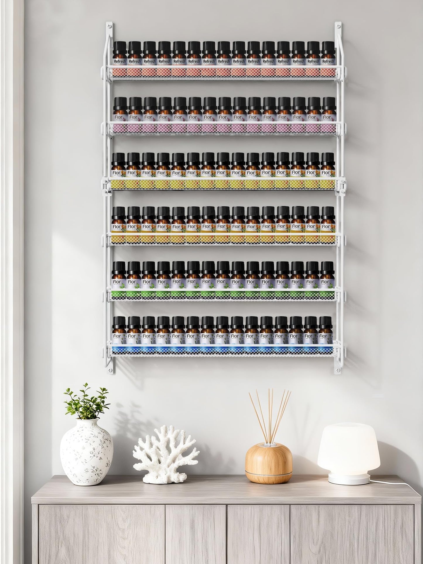 GIGIFTREE Nail Polish Organizer Wall Mounted, 6 Tier Metal Storage Rack Holds 90 Bottles, Multifunctional Organizer for Essential Oils Paint Perfume, White