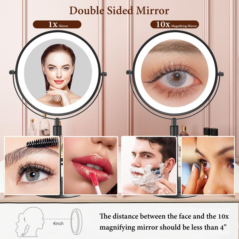 rndecuck 8" Lighted Makeup Mirror with Magnification 10x and 3 Color Light 2500mAh Rechargeable Height Adjustable 360° Rotation Double Sided LED Vanity Mirror for Desk (Black)