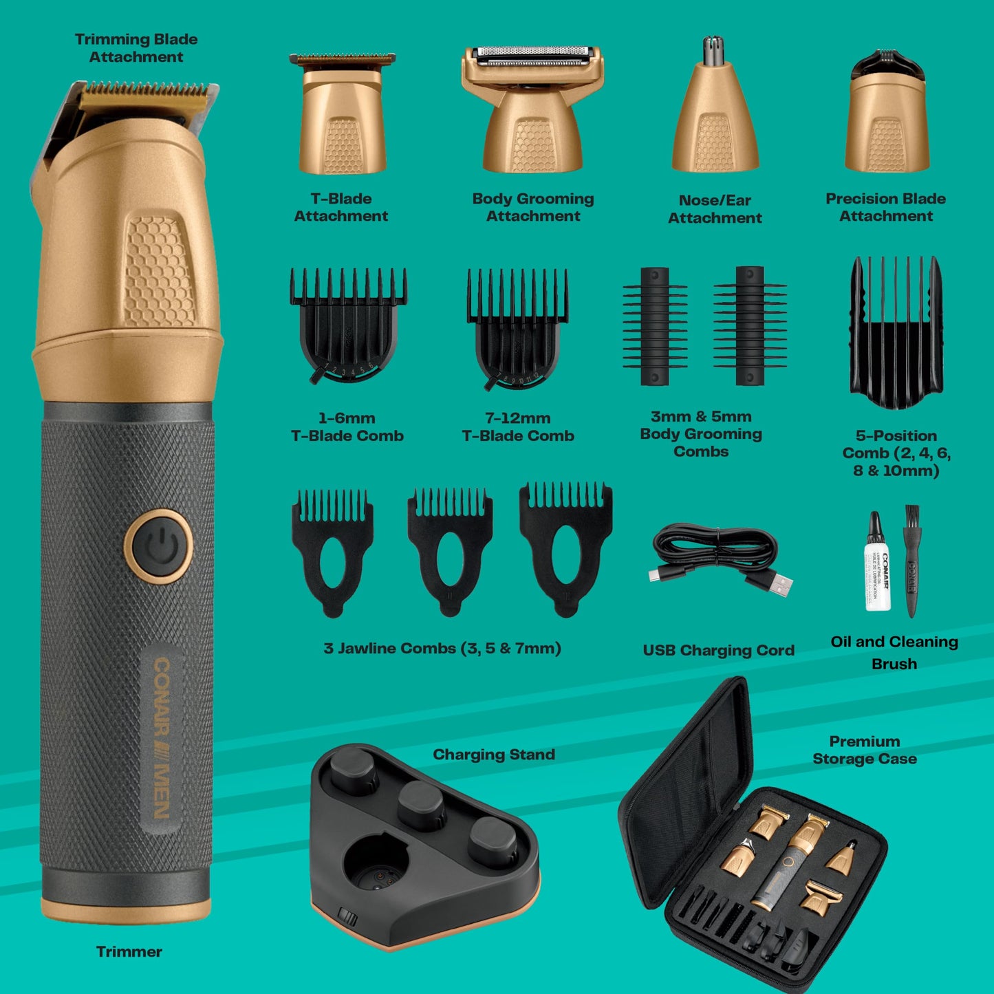 Conair Men All-in-One Trimmer for Men - Nose Hair, Beard, Mustache, Body Hair Trimmer - 16 Piece Men's Grooming Kit for Manscaping- Showerproof - Rechargeable
