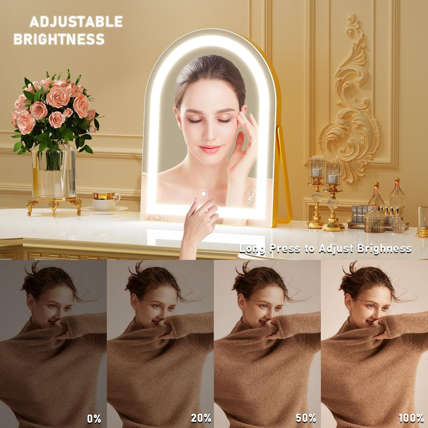 Vanity Mirror with Lights - 16" LED Makeup Mirror | Smart Touch Control, 3 Color Dimmable, 360° Rotation, Gold